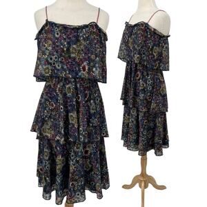 Vintage 70s Floral Lace Tiered Midi Dress Floral Patterned Ruffles Blue Womens S